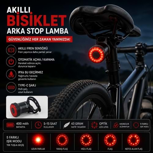 TriLine Akıllı Bisiklet Kuyruk Lambası Fren Sensörlü Type-C Şarjlı IPX6 Su Geçirmez LED Arka Stop Işığı