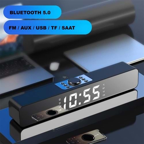 TriLine Bluetooth Hoparlör Şarjlı Yatay Ses Sistemi LED Ekran FM Çalar Saat Sıcaklık PC USB Aux Tf Kart