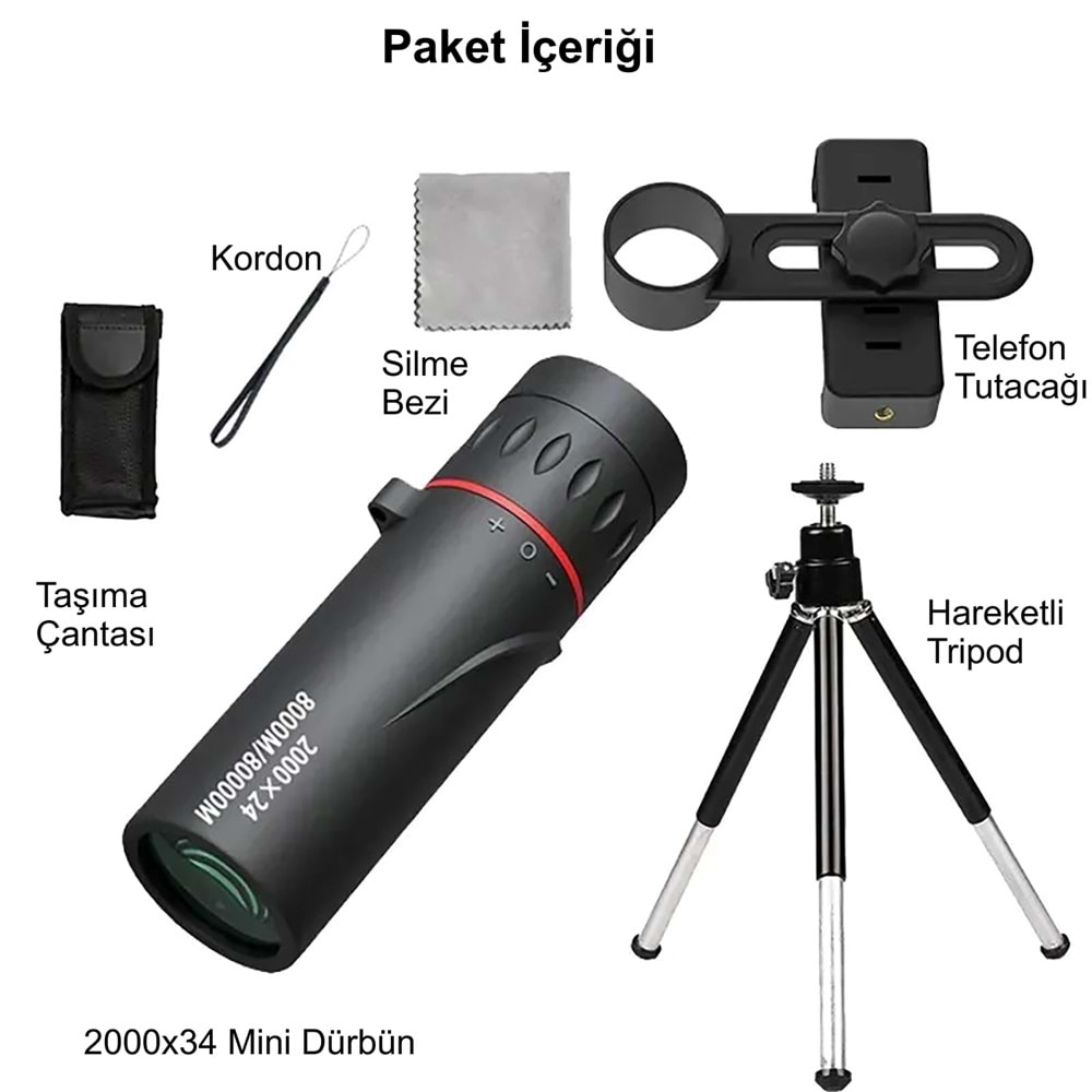 TriLine 2000x24 Zoom Monoküler Mini Taşınabilir HD Dürbün Su Geçirmez Tripod Telefon Tutacağı