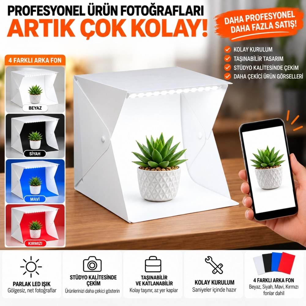TriLine 20x20 cm LED Işıklı Mini Ürün Fotoğraf Çekim Çadırı 4 Renk Fonlu Taşınabilir Stüdyo