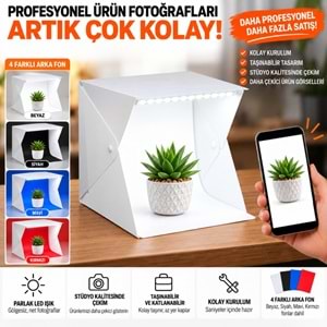 TriLine 20x20 cm LED Işıklı Mini Ürün Fotoğraf Çekim Çadırı 4 Renk Fonlu Taşınabilir Stüdyo