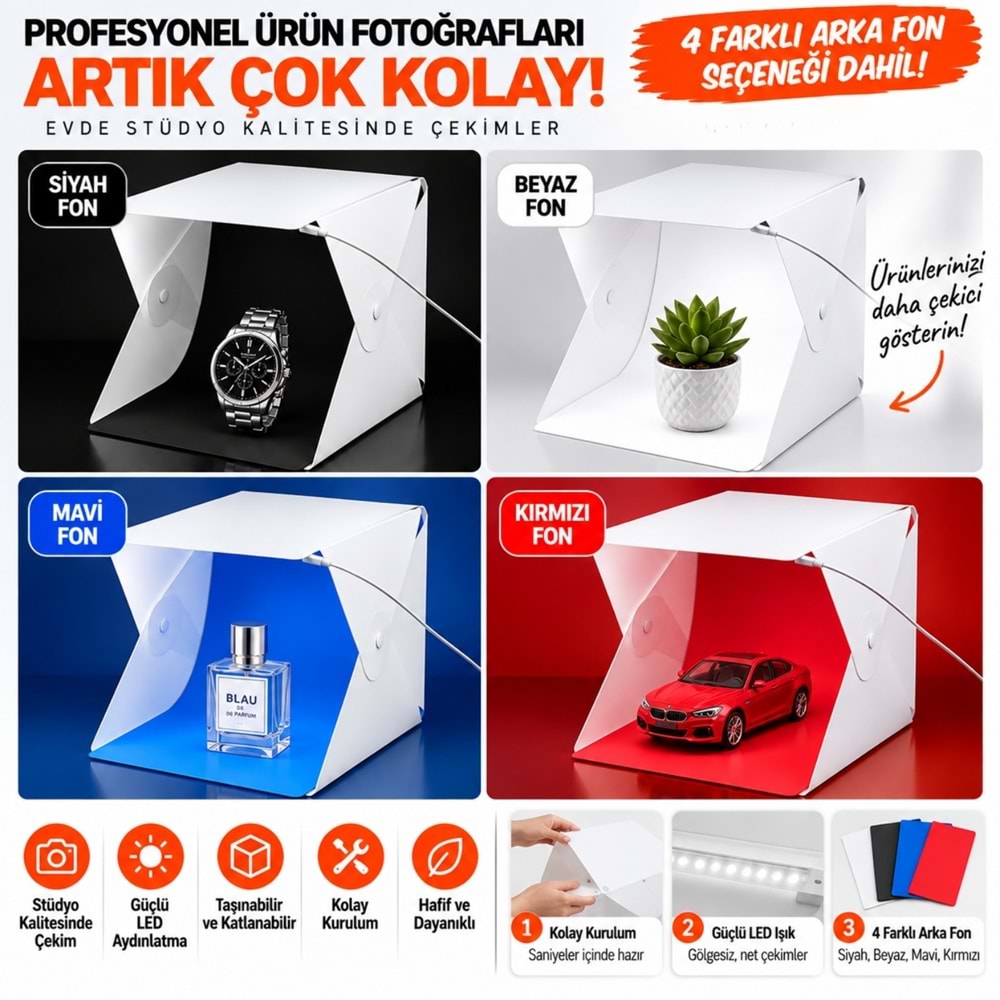 TriLine 20x20 cm LED Işıklı Mini Ürün Fotoğraf Çekim Çadırı 4 Renk Fonlu Taşınabilir Stüdyo