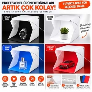TriLine 20x20 cm LED Işıklı Mini Ürün Fotoğraf Çekim Çadırı 4 Renk Fonlu Taşınabilir Stüdyo