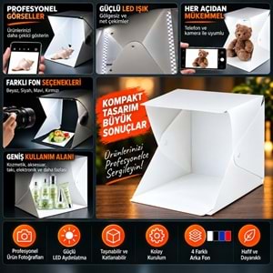 TriLine 20x20 cm LED Işıklı Mini Ürün Fotoğraf Çekim Çadırı 4 Renk Fonlu Taşınabilir Stüdyo