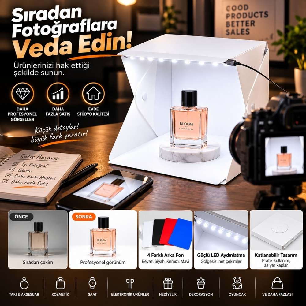 TriLine 20x20 cm LED Işıklı Mini Ürün Fotoğraf Çekim Çadırı 4 Renk Fonlu Taşınabilir Stüdyo