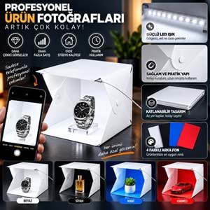 TriLine 20x20 cm LED Işıklı Mini Ürün Fotoğraf Çekim Çadırı 4 Renk Fonlu Taşınabilir Stüdyo