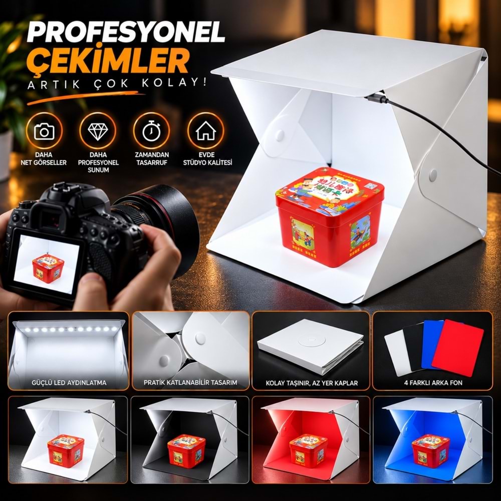 TriLine 20x20 cm LED Işıklı Mini Ürün Fotoğraf Çekim Çadırı 4 Renk Fonlu Taşınabilir Stüdyo