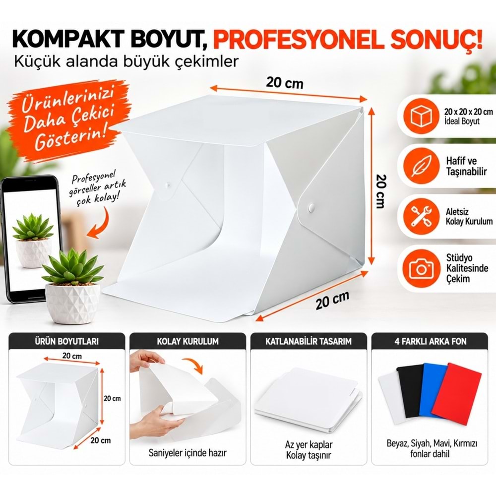 TriLine 20x20 cm LED Işıklı Mini Ürün Fotoğraf Çekim Çadırı 4 Renk Fonlu Taşınabilir Stüdyo