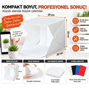 TriLine 20x20 cm LED Işıklı Mini Ürün Fotoğraf Çekim Çadırı 4 Renk Fonlu Taşınabilir Stüdyo