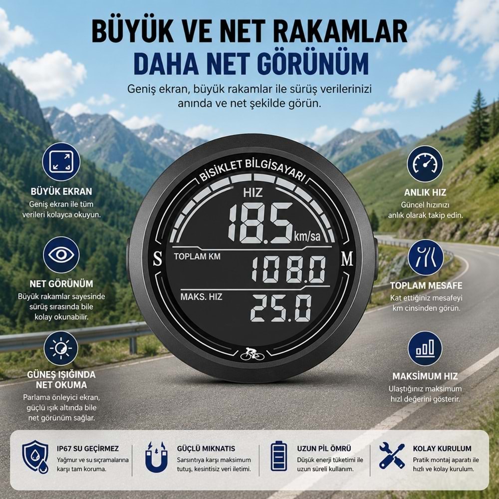 TriLine Bisiklet Bilgisayarı KM Saati Hız ve Mesafe Ölçer Su Geçirmez Ledli LCD Ekranlı Kablolu