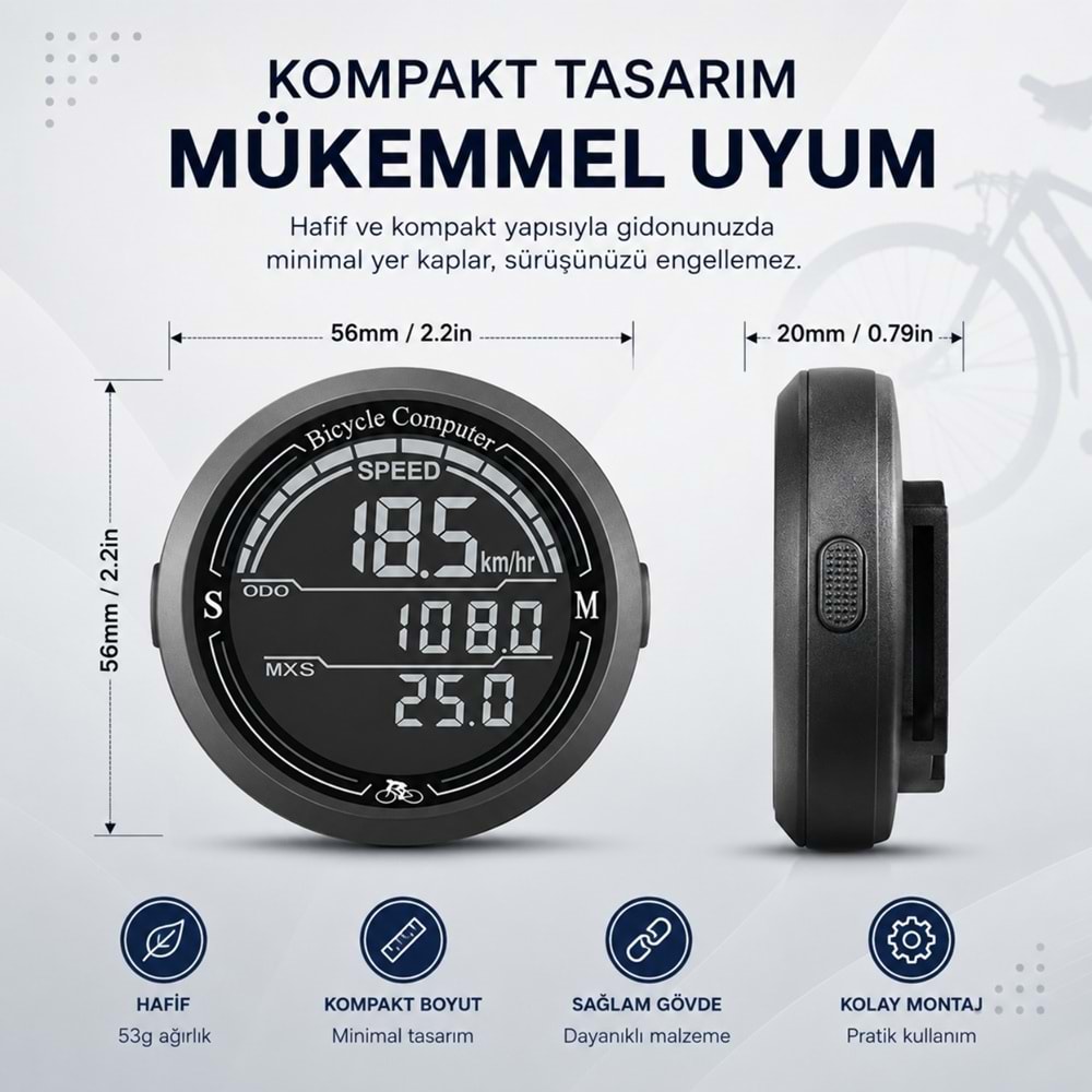 TriLine Bisiklet Bilgisayarı KM Saati Hız ve Mesafe Ölçer Su Geçirmez Ledli LCD Ekranlı Kablolu