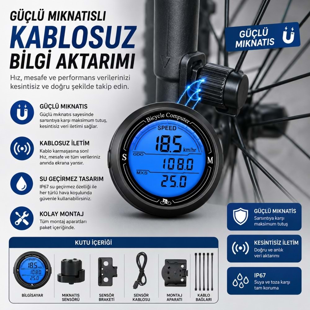 TriLine Bisiklet Bilgisayarı KM Saati Hız ve Mesafe Ölçer Su Geçirmez Ledli LCD Ekranlı Kablolu