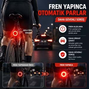 TriLine Akıllı Bisiklet Kuyruk Lambası Fren Sensörlü Type-C Şarjlı IPX6 Su Geçirmez LED Arka Stop Işığı