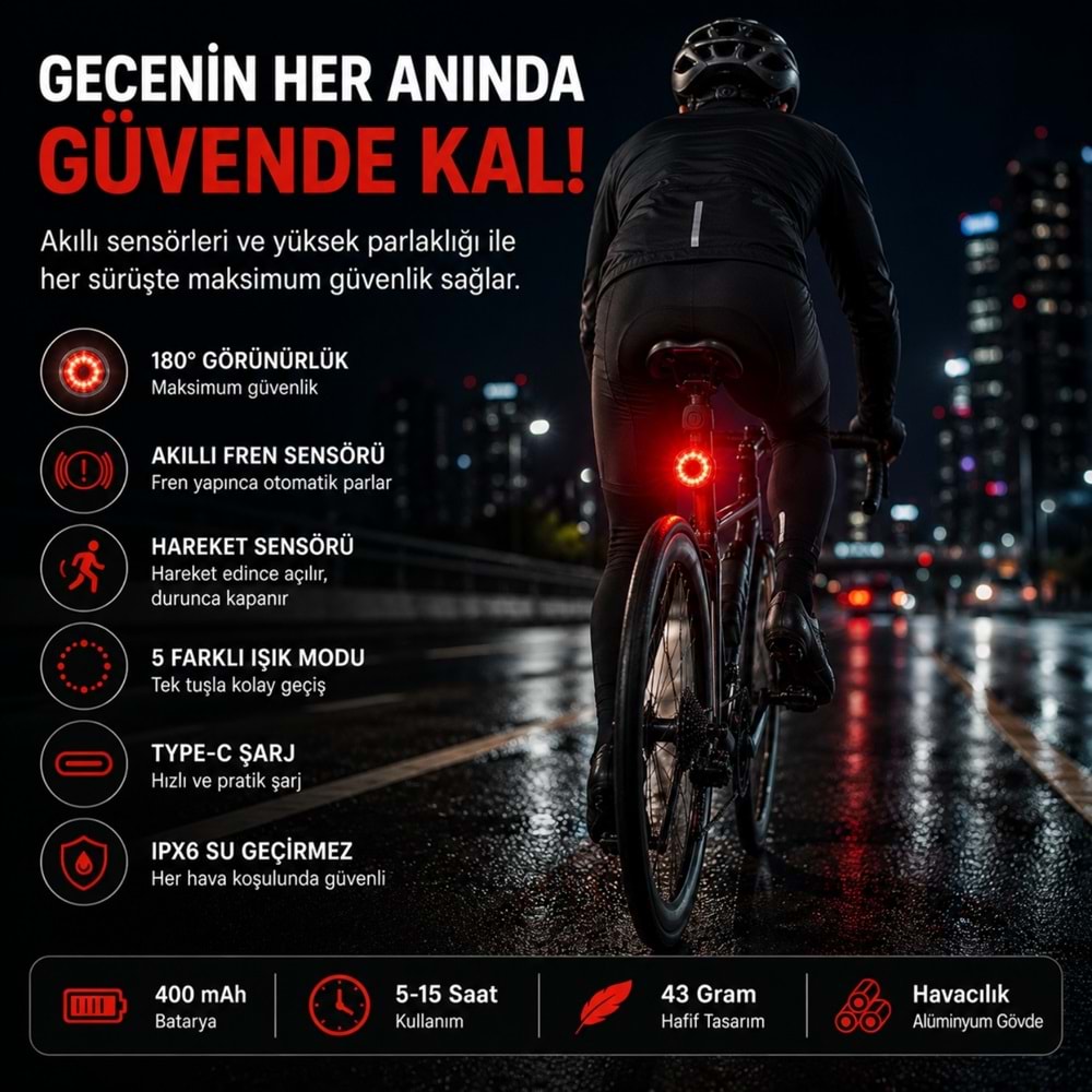 TriLine Akıllı Bisiklet Kuyruk Lambası Fren Sensörlü Type-C Şarjlı IPX6 Su Geçirmez LED Arka Stop Işığı
