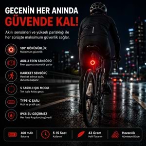 TriLine Akıllı Bisiklet Kuyruk Lambası Fren Sensörlü Type-C Şarjlı IPX6 Su Geçirmez LED Arka Stop Işığı