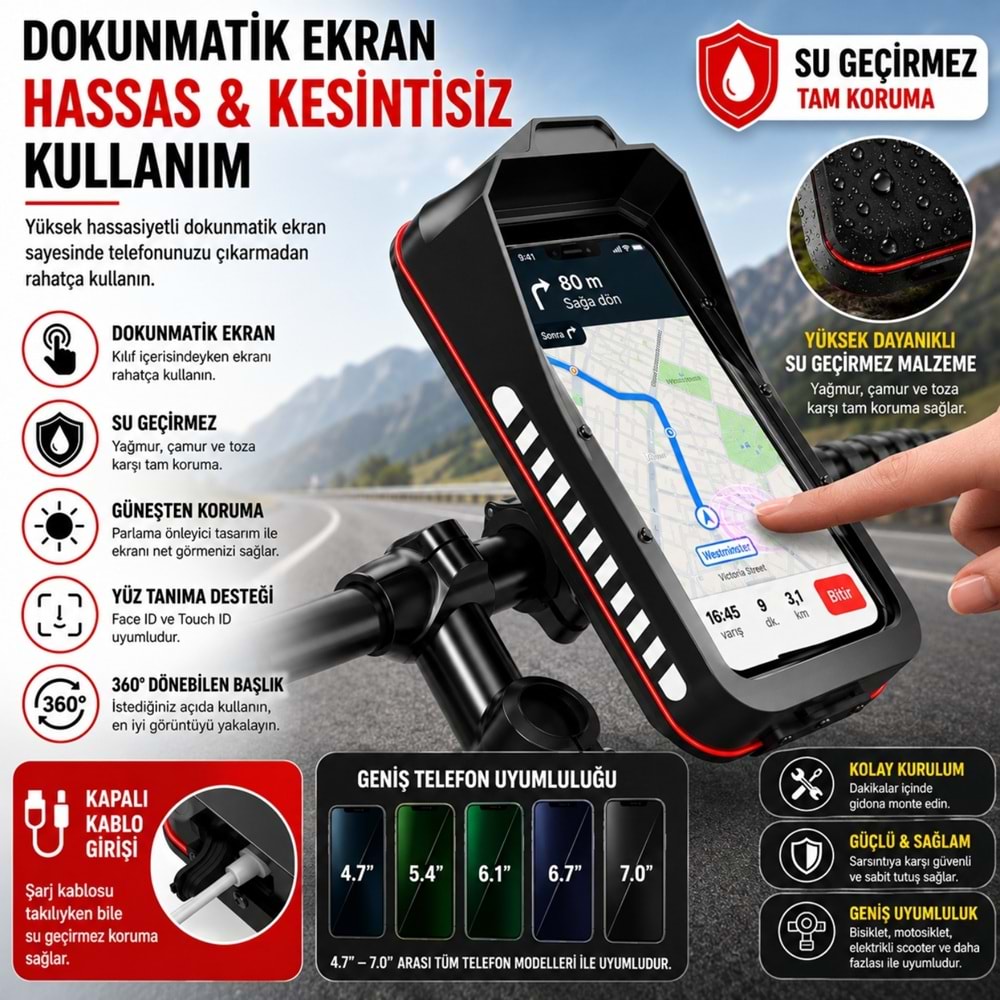 TriLine Bisiklet Motosiklet Gidon Telefon Tutucu Çanta Dokunmatik Ekranlı Montaj Aparatı Su Geçirmez
