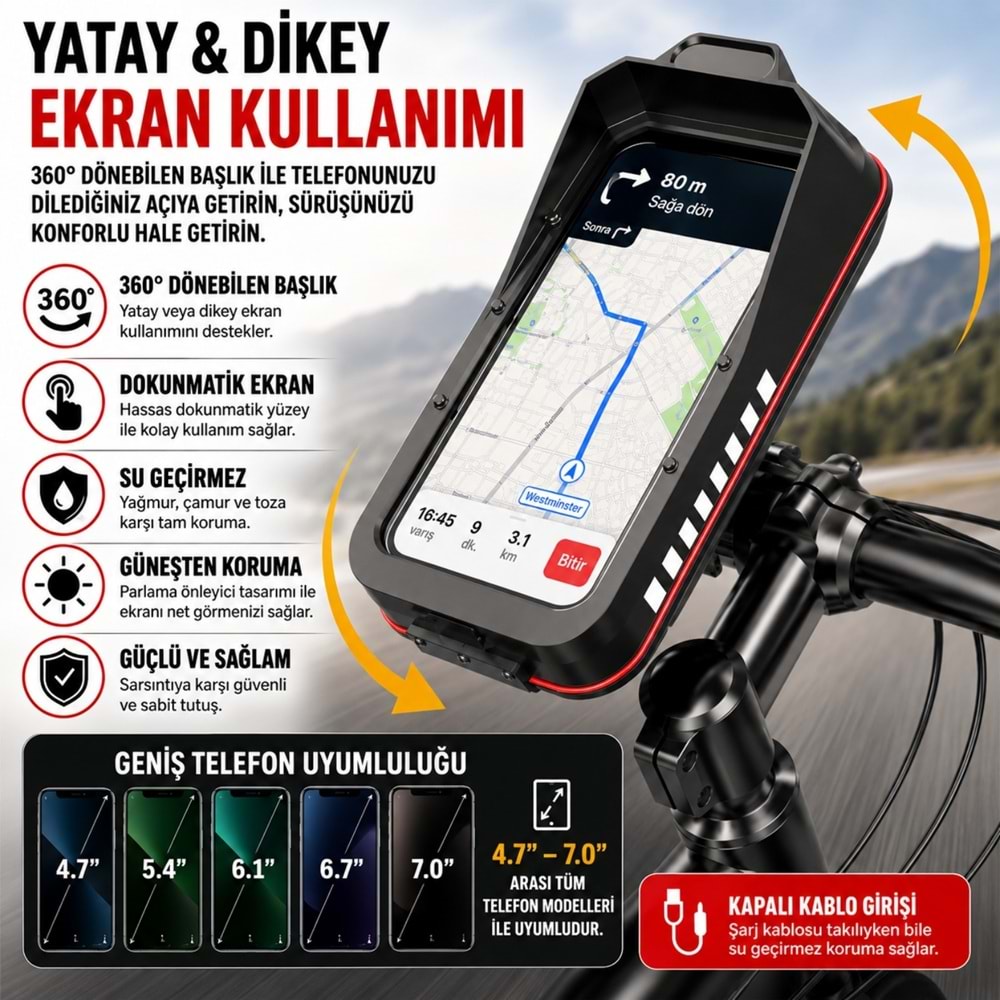 TriLine Bisiklet Motosiklet Gidon Telefon Tutucu Çanta Dokunmatik Ekranlı Montaj Aparatı Su Geçirmez