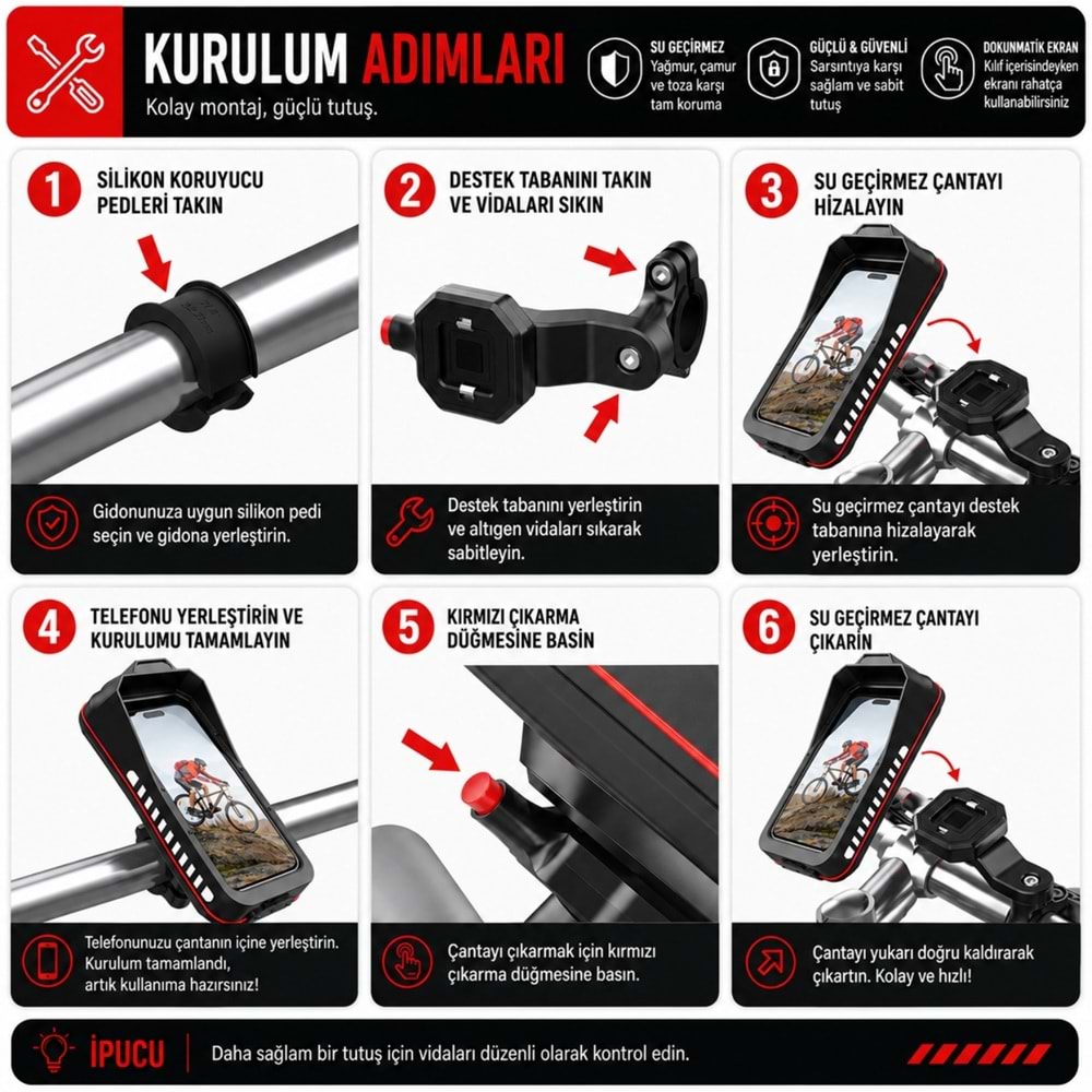 TriLine Bisiklet Motosiklet Gidon Telefon Tutucu Çanta Dokunmatik Ekranlı Montaj Aparatı Su Geçirmez