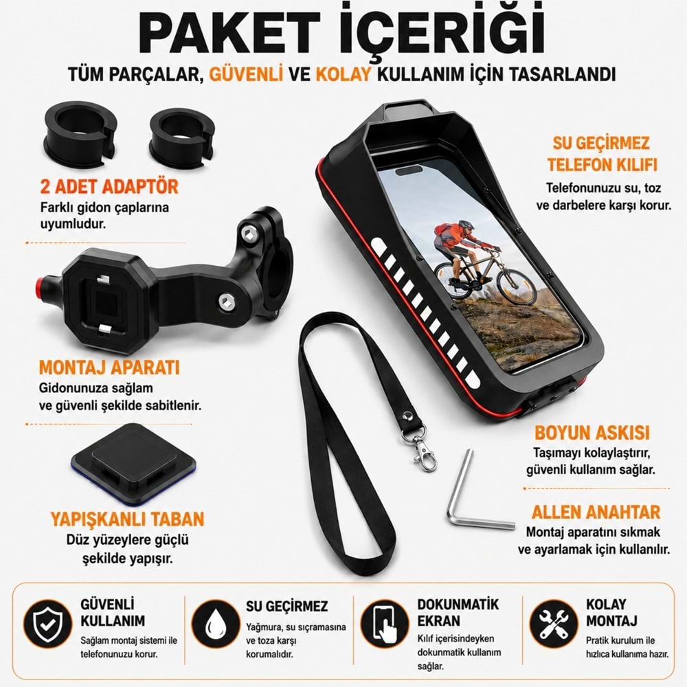 TriLine Bisiklet Motosiklet Gidon Telefon Tutucu Çanta Dokunmatik Ekranlı Montaj Aparatı Su Geçirmez
