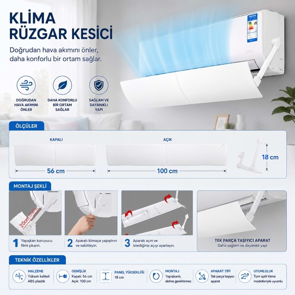 TriLine Klima Rüzgar Yönlendirme Aparatı Deliksiz Ön Panel 56-100 cm Genişleyebilir