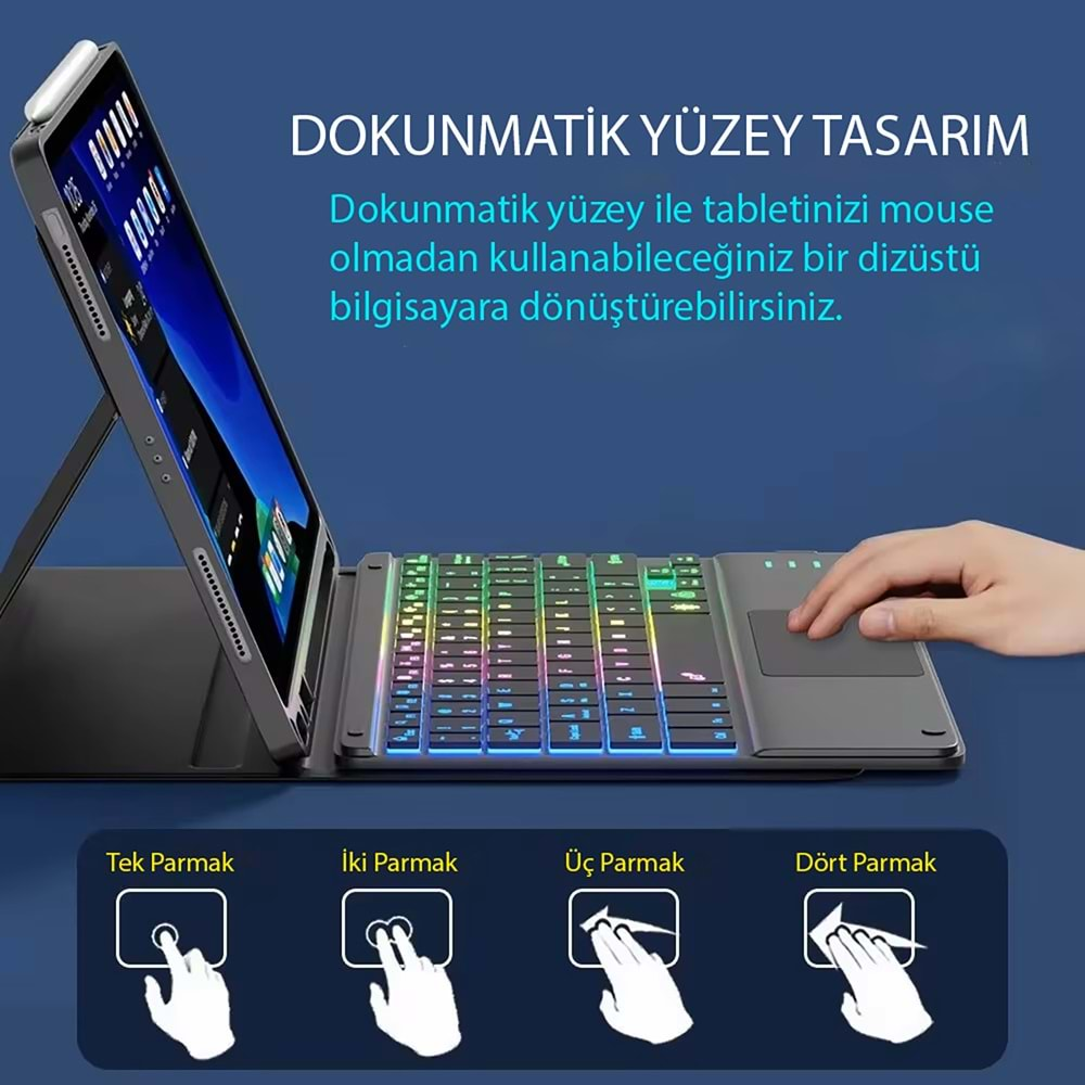 TriLine 9.7” RGB Renkli Aydınlatmalı İngilizce Bluetooth Klavye 24.5X17.5 cm İnce Slim Şarj Edilebilir