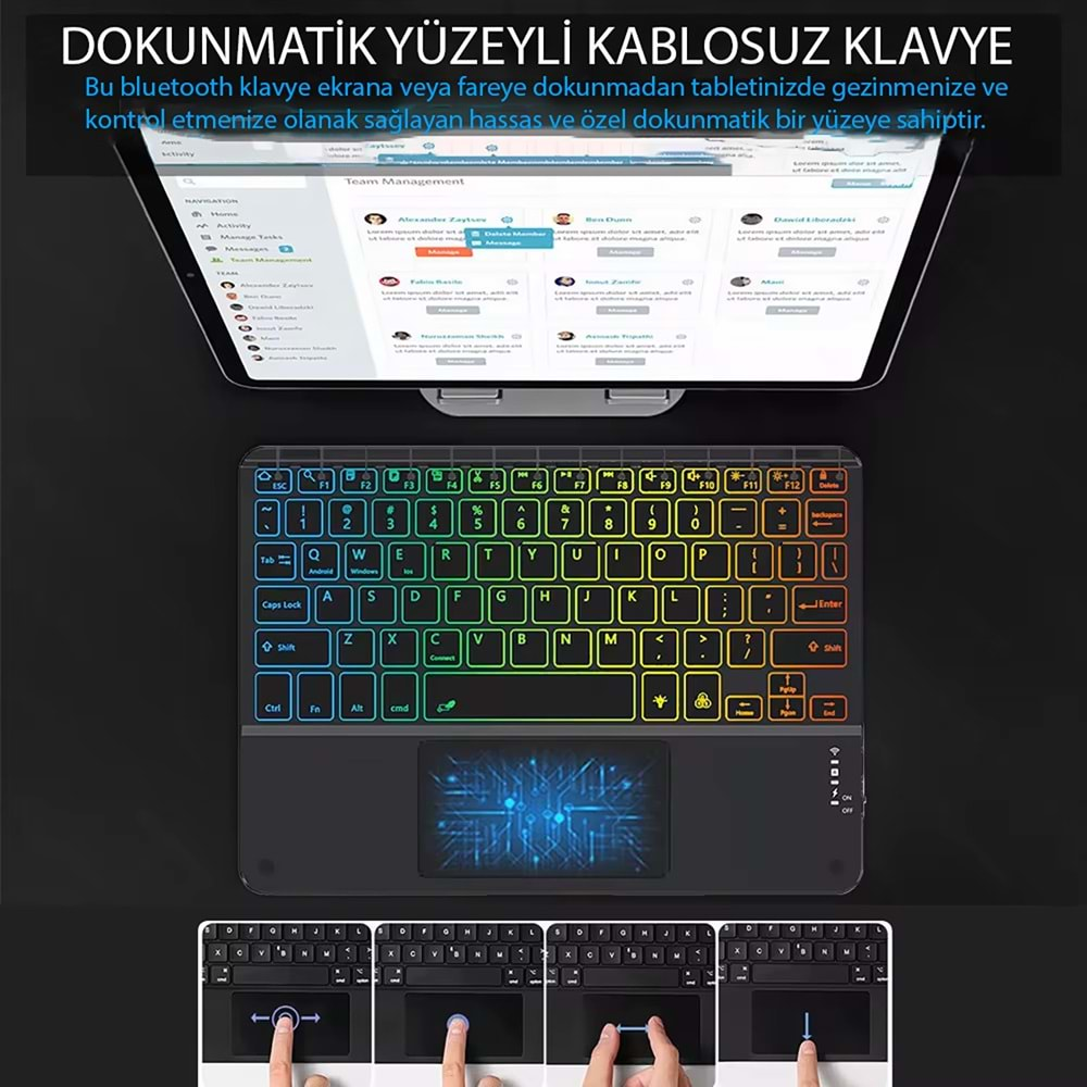 TriLine 9.7” RGB Renkli Aydınlatmalı İngilizce Bluetooth Klavye 24.5X17.5 cm İnce Slim Şarj Edilebilir