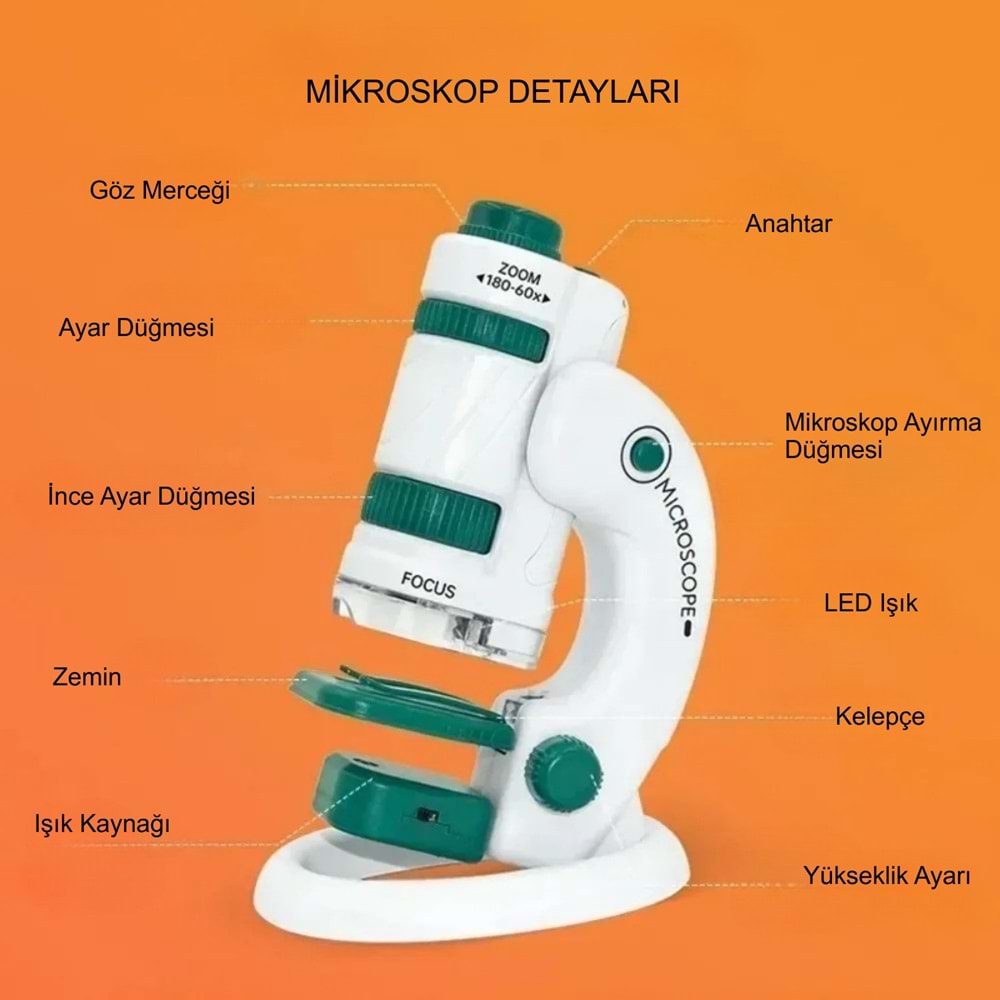 TriLine Mikroskop Deney Seti 180X Portatif LED Işıklı Eğitici Öğretici 21 Parça Mobil Mini Taşınabilir