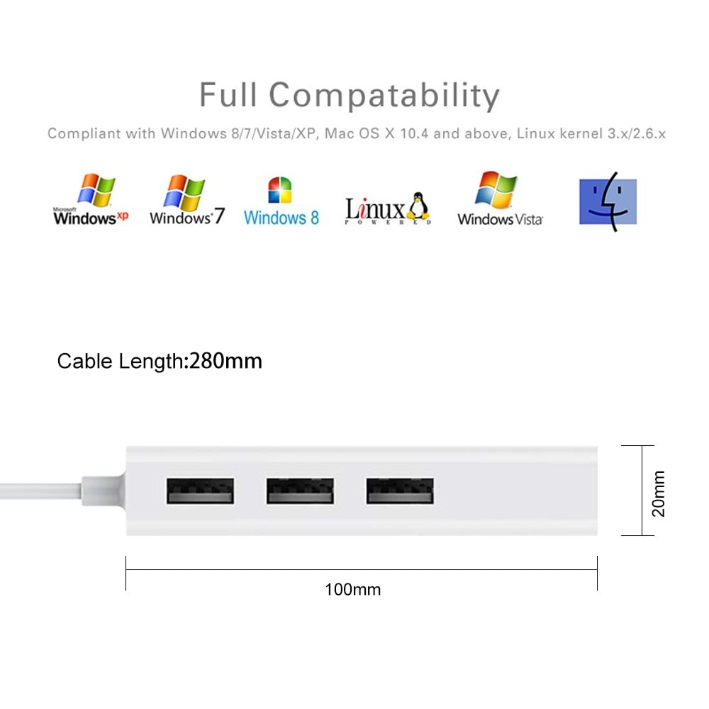 TriLine USB to RJ45 Ethernet + USB 3 Port HUB Çoklayıcı