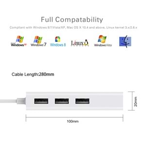 TriLine USB to RJ45 Ethernet + USB 3 Port HUB Çoklayıcı