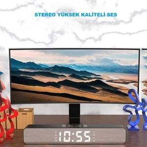 TriLine Bluetooth Hoparlör Şarjlı Yatay Ses Sistemi LED Ekran FM Çalar Saat Sıcaklık PC USB Aux Tf Kart