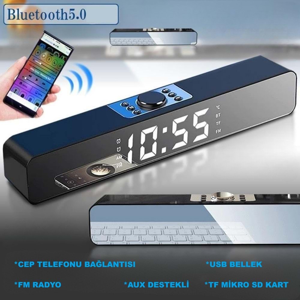 TriLine Bluetooth Hoparlör Şarjlı Yatay Ses Sistemi LED Ekran FM Çalar Saat Sıcaklık PC USB Aux Tf Kart
