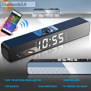 TriLine Bluetooth Hoparlör Şarjlı Yatay Ses Sistemi LED Ekran FM Çalar Saat Sıcaklık PC USB Aux Tf Kart