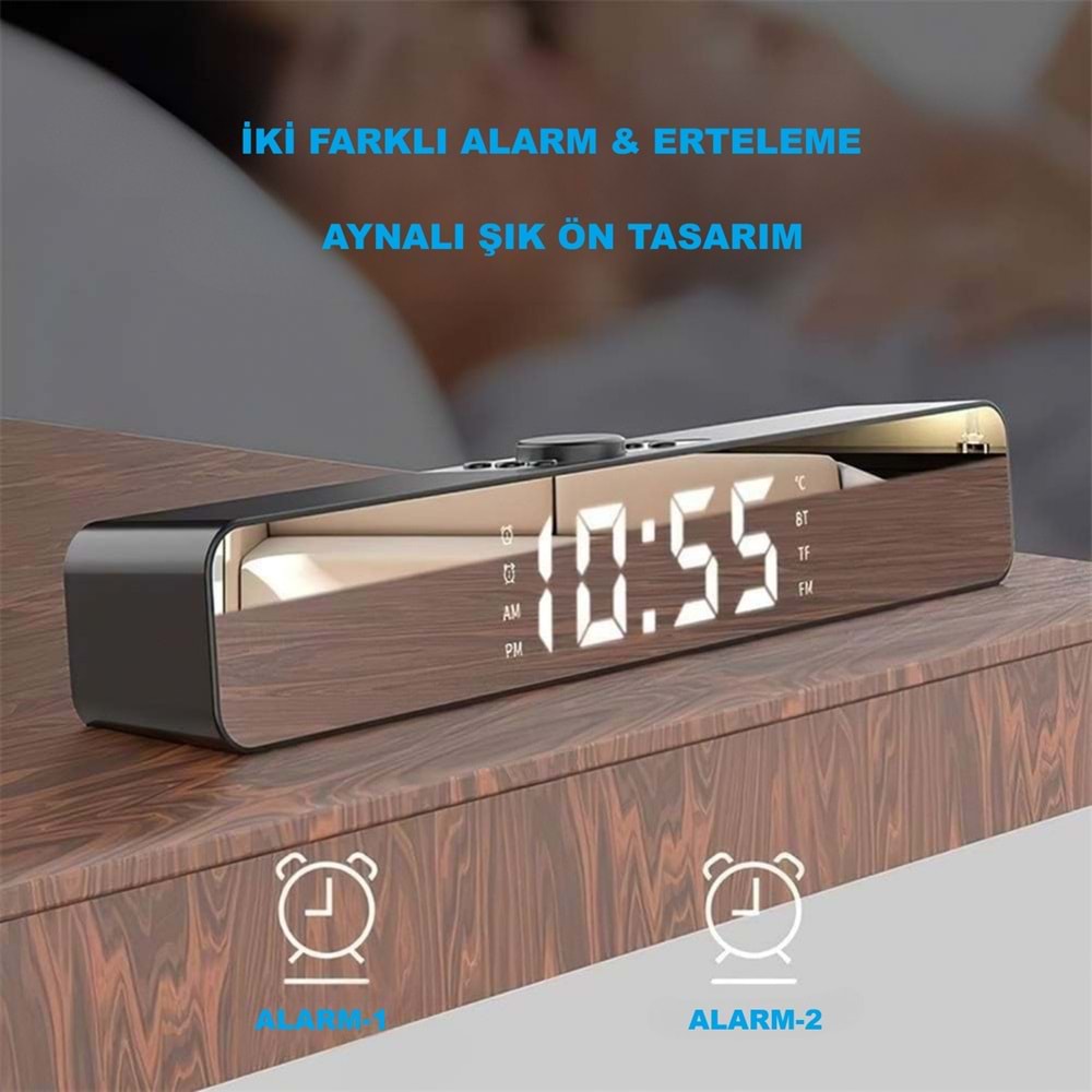 TriLine Bluetooth Hoparlör Şarjlı Yatay Ses Sistemi LED Ekran FM Çalar Saat Sıcaklık PC USB Aux Tf Kart