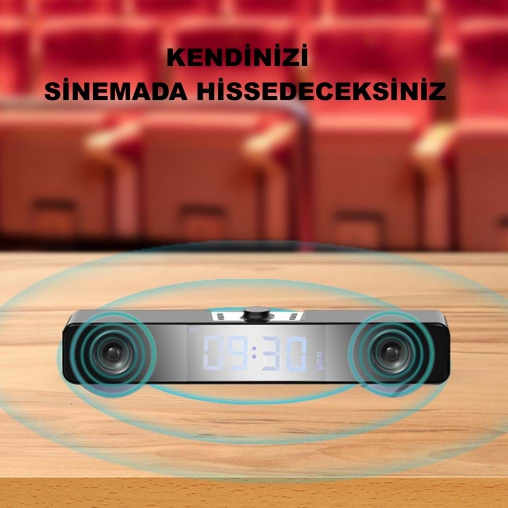 TriLine Bluetooth Hoparlör Şarjlı Yatay Ses Sistemi LED Ekran FM Çalar Saat Sıcaklık PC USB Aux Tf Kart
