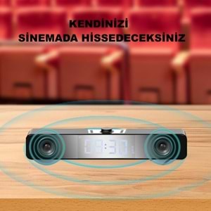TriLine Bluetooth Hoparlör Şarjlı Yatay Ses Sistemi LED Ekran FM Çalar Saat Sıcaklık PC USB Aux Tf Kart
