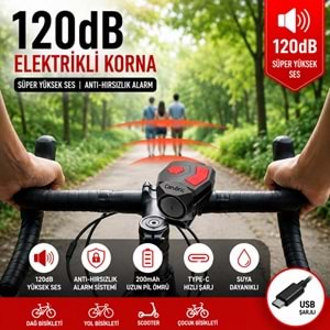 TriLine 120 dB USB Şarjlı Bisiklet Kornası Alarm Zili Anti Hırsızlık Elektrikli Korna Scooter