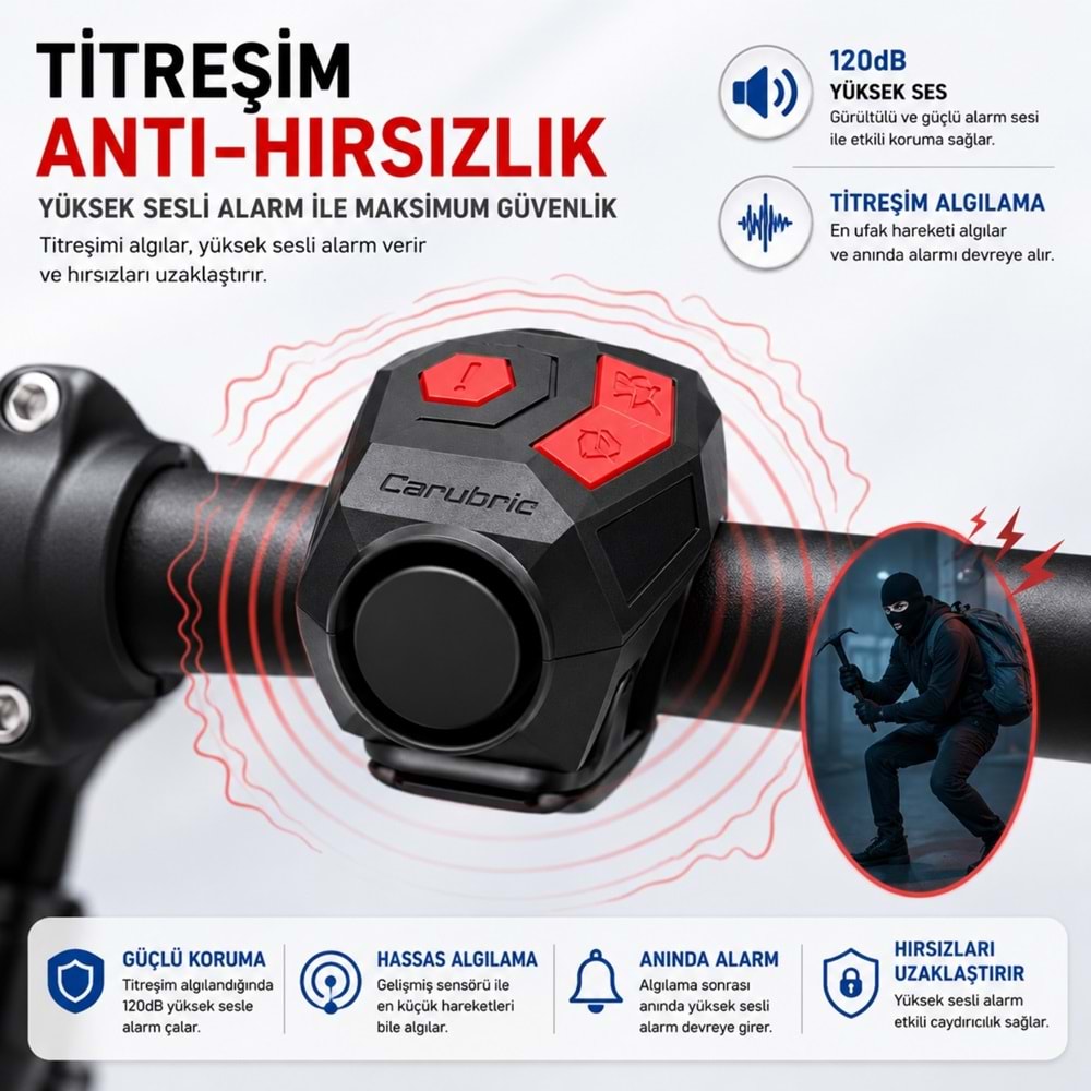 TriLine 120 dB USB Şarjlı Bisiklet Kornası Alarm Zili Anti Hırsızlık Elektrikli Korna Scooter