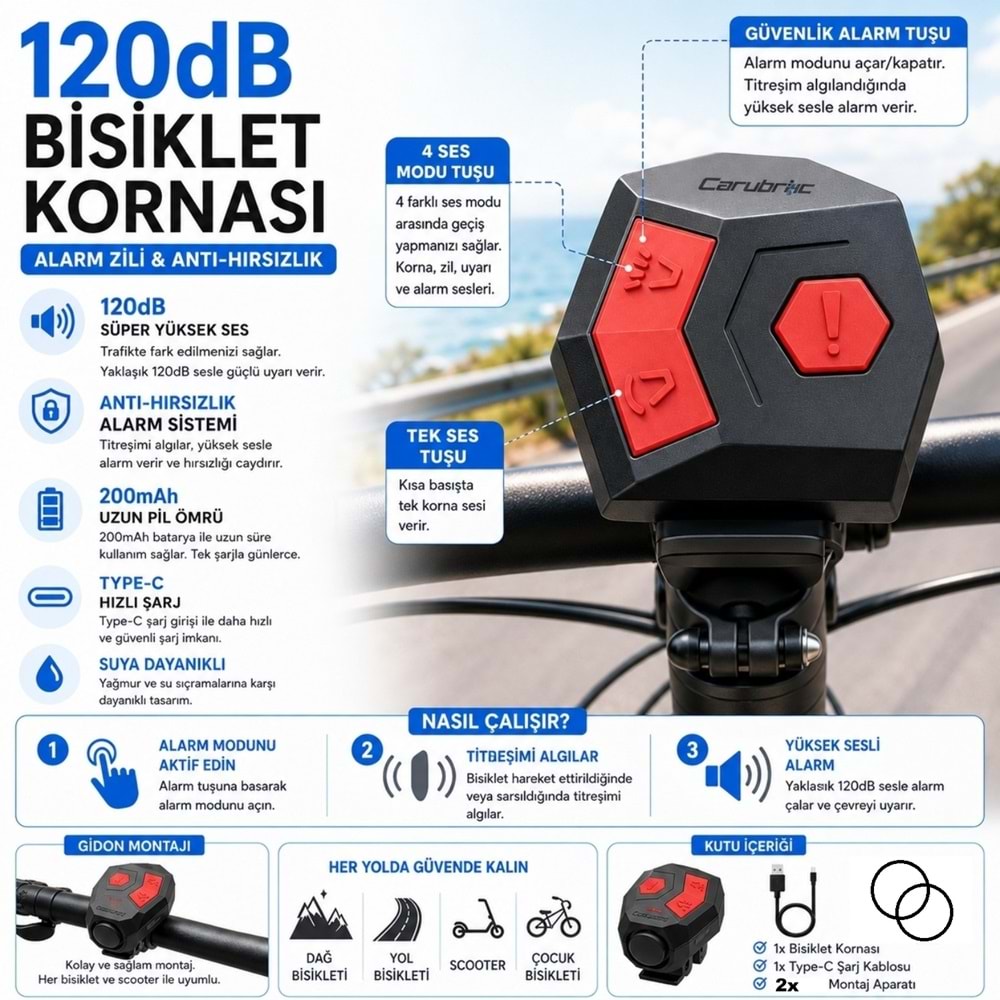 TriLine 120 dB USB Şarjlı Bisiklet Kornası Alarm Zili Anti Hırsızlık Elektrikli Korna Scooter