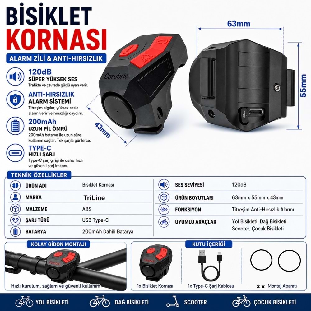 TriLine 120 dB USB Şarjlı Bisiklet Kornası Alarm Zili Anti Hırsızlık Elektrikli Korna Scooter