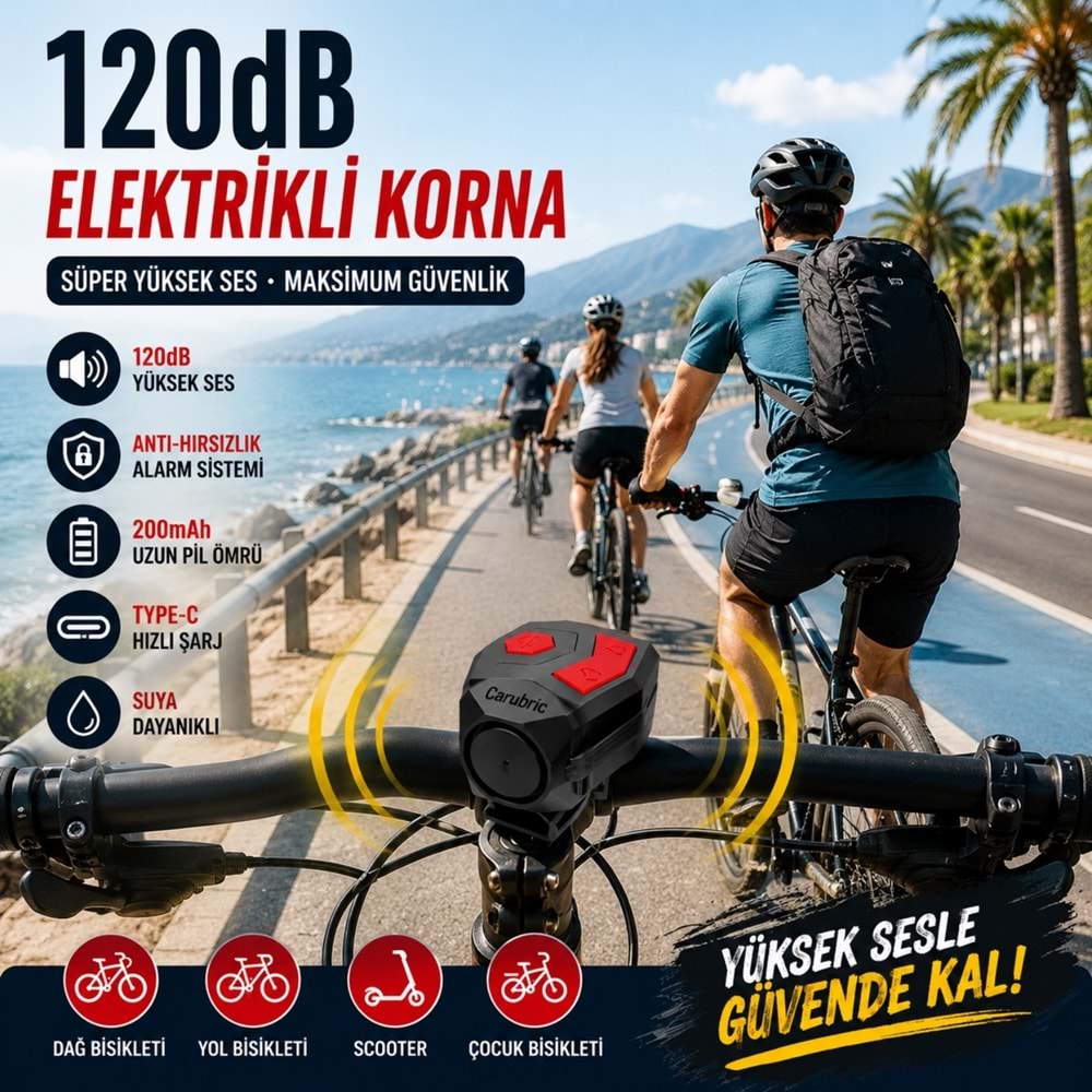 TriLine 120 dB USB Şarjlı Bisiklet Kornası Alarm Zili Anti Hırsızlık Elektrikli Korna Scooter