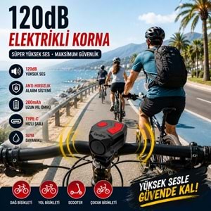 TriLine 120 dB USB Şarjlı Bisiklet Kornası Alarm Zili Anti Hırsızlık Elektrikli Korna Scooter
