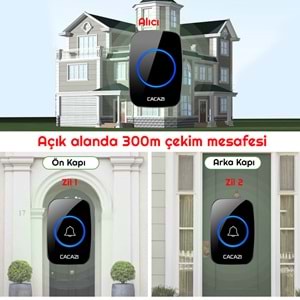 Cacazi 2 Buton 1 Alıcı Kablosuz Uzaktan Kumandalı LED Kapı Zili