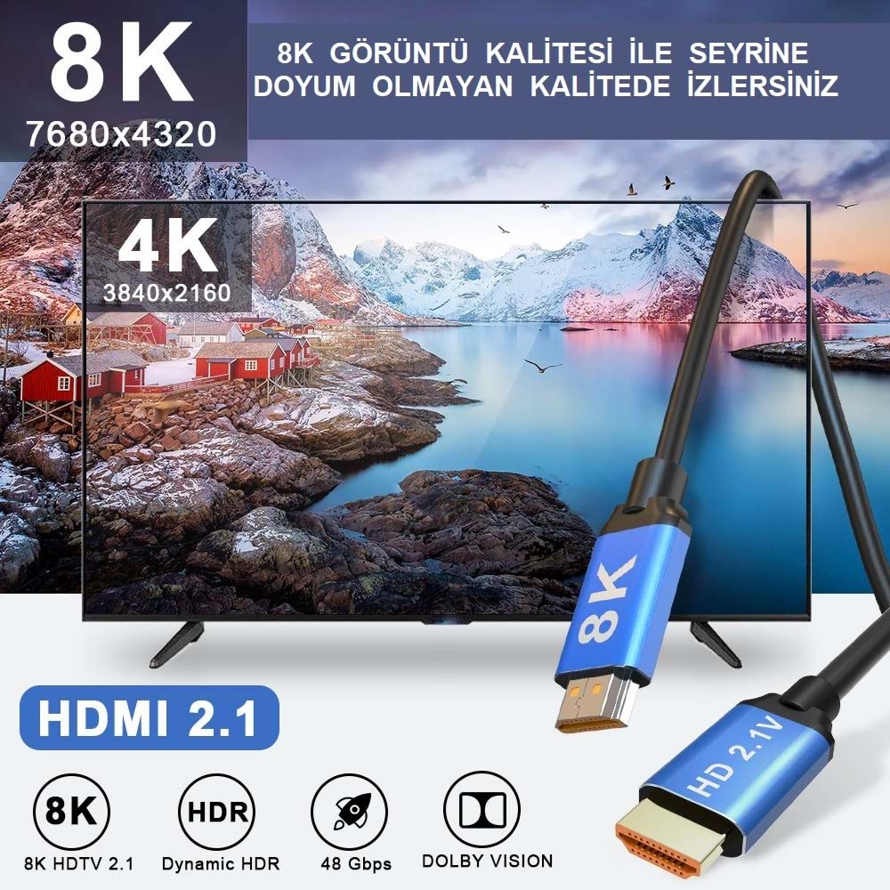 TriLine 8K Ultra HD 2.1V 48Gbps 4320P Altın Kaplama Hdmi Kablo