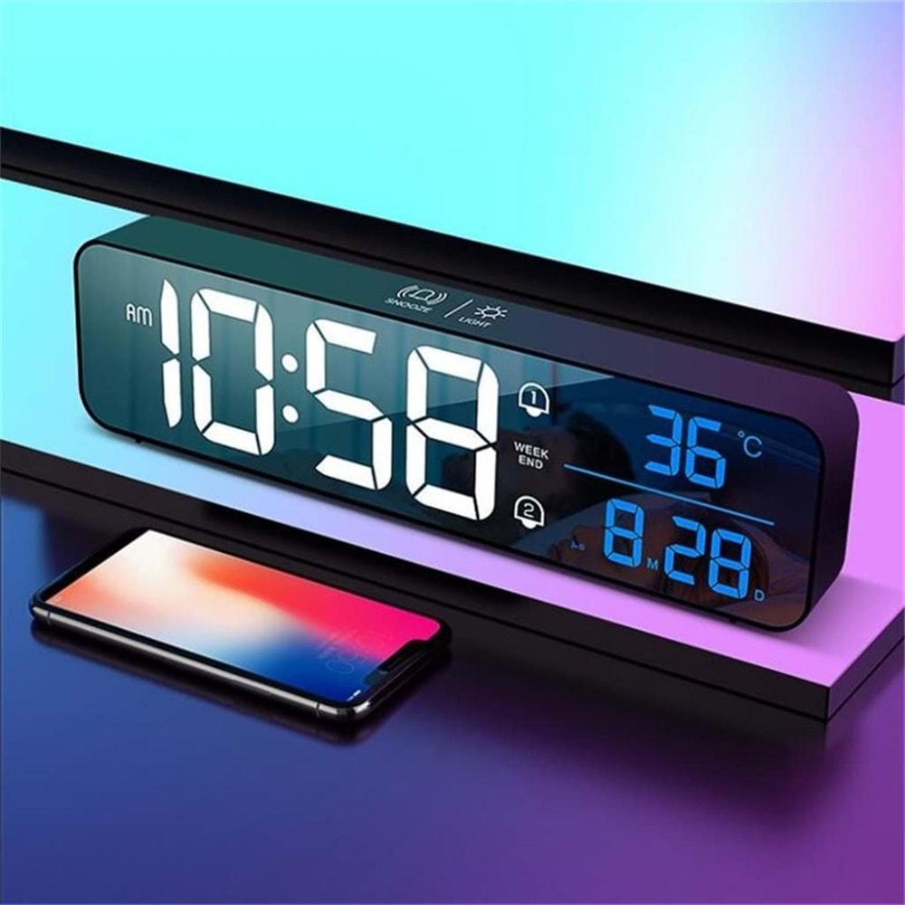 TriLine HD LED Ekranlı Aynalı Elektronik Saat Sıcaklık Tarih Dijital Masa Saati