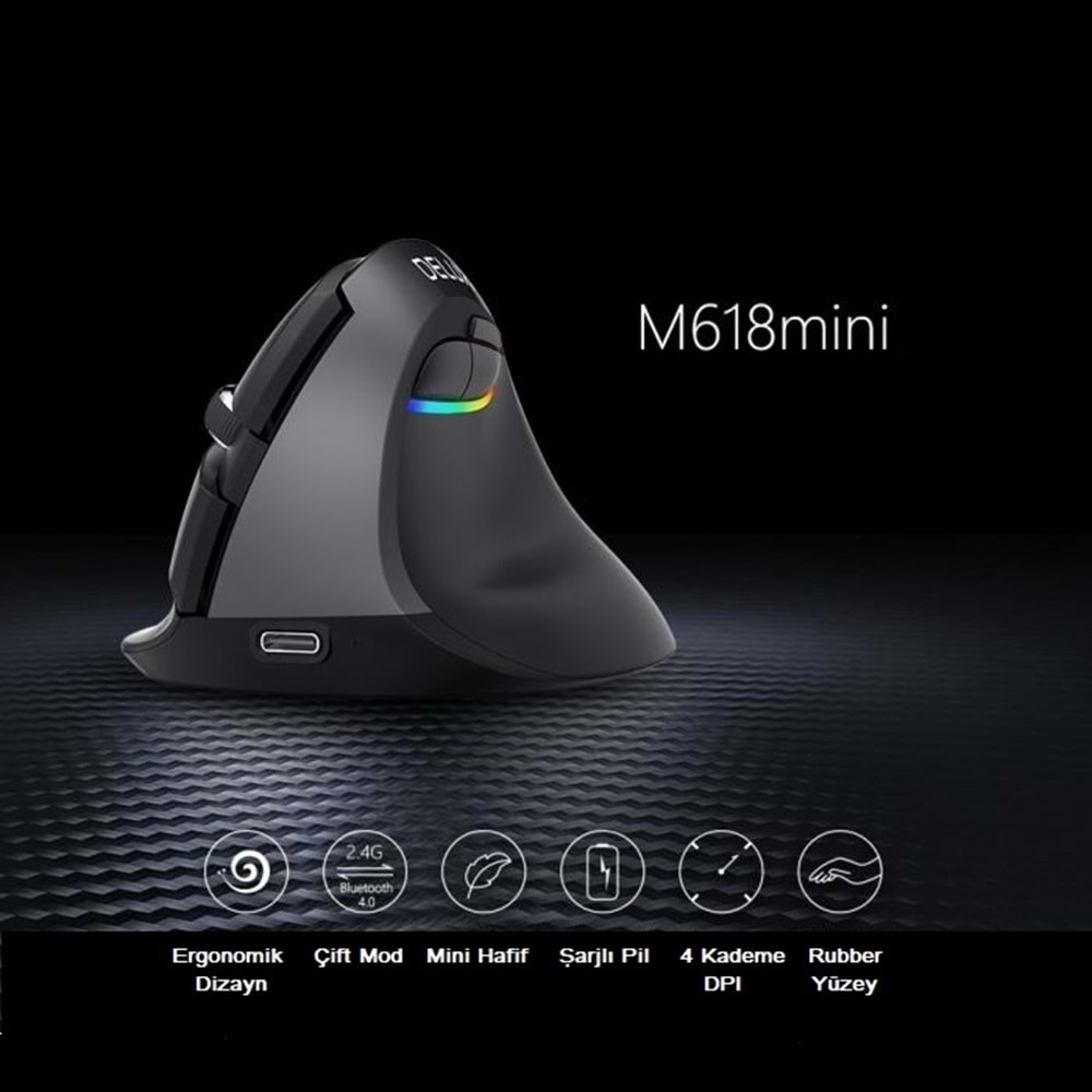 Delux M618 Mini Bluetooth 4.0+ 2.4G Ergonomik Şarjlı Sessiz RGB Mouse