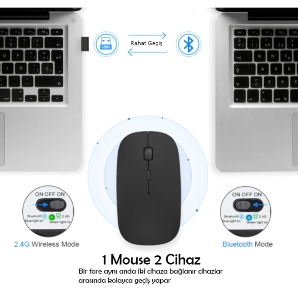 TriLine Bluetooth Şarjlı 2.4Ghz Kablosuz Mouse Sessiz Tıklama