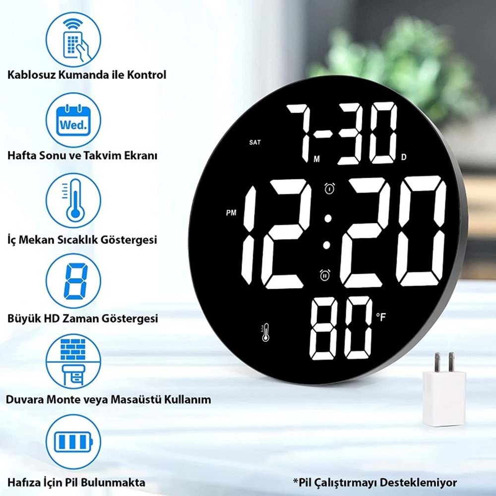 TriLine Dijital Modern 12inç Elektronik LED Duvar Masa Saati Sıcaklık Nem Alarm